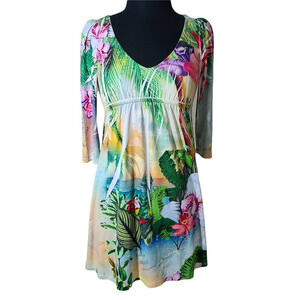 Justified tropical print dress v neck 3/4 sleeve sz S